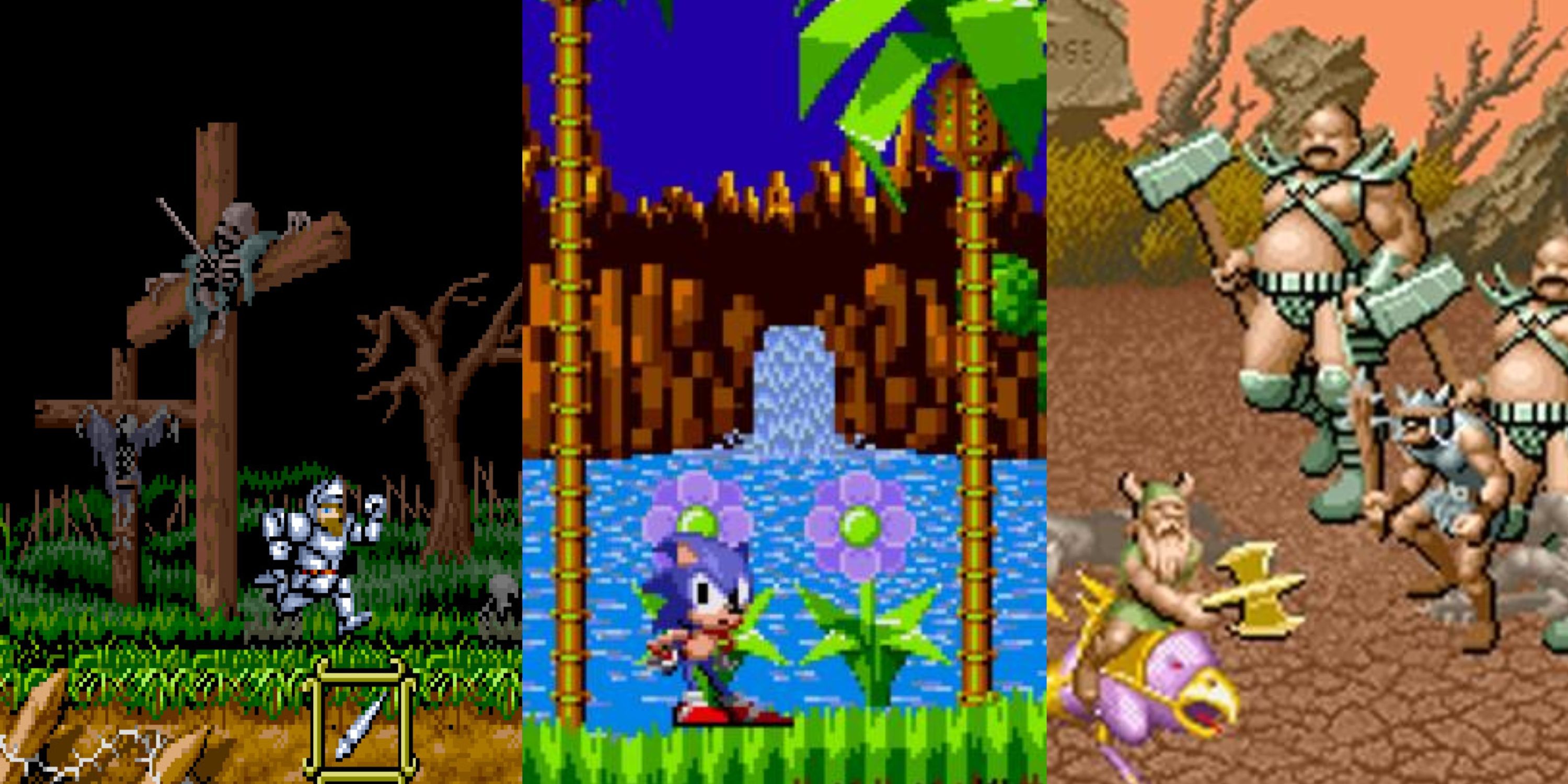 Split image of shows Ghosts n Ghouls, Sonic and Battle Axe video games for SEGA.
