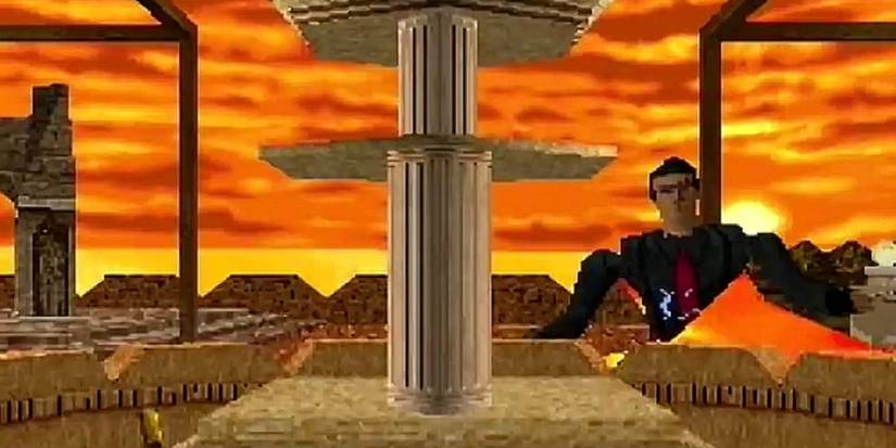 The lead standing in a desert background in Time Crisis