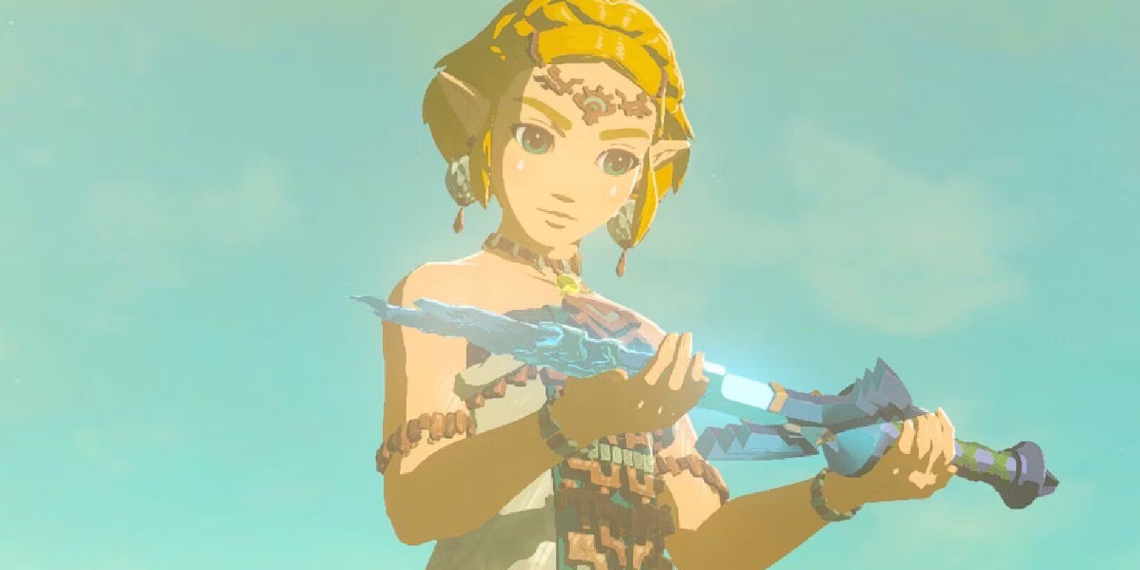 Zelda do passado segurando a Master Sword em Tears of the Kingdom 