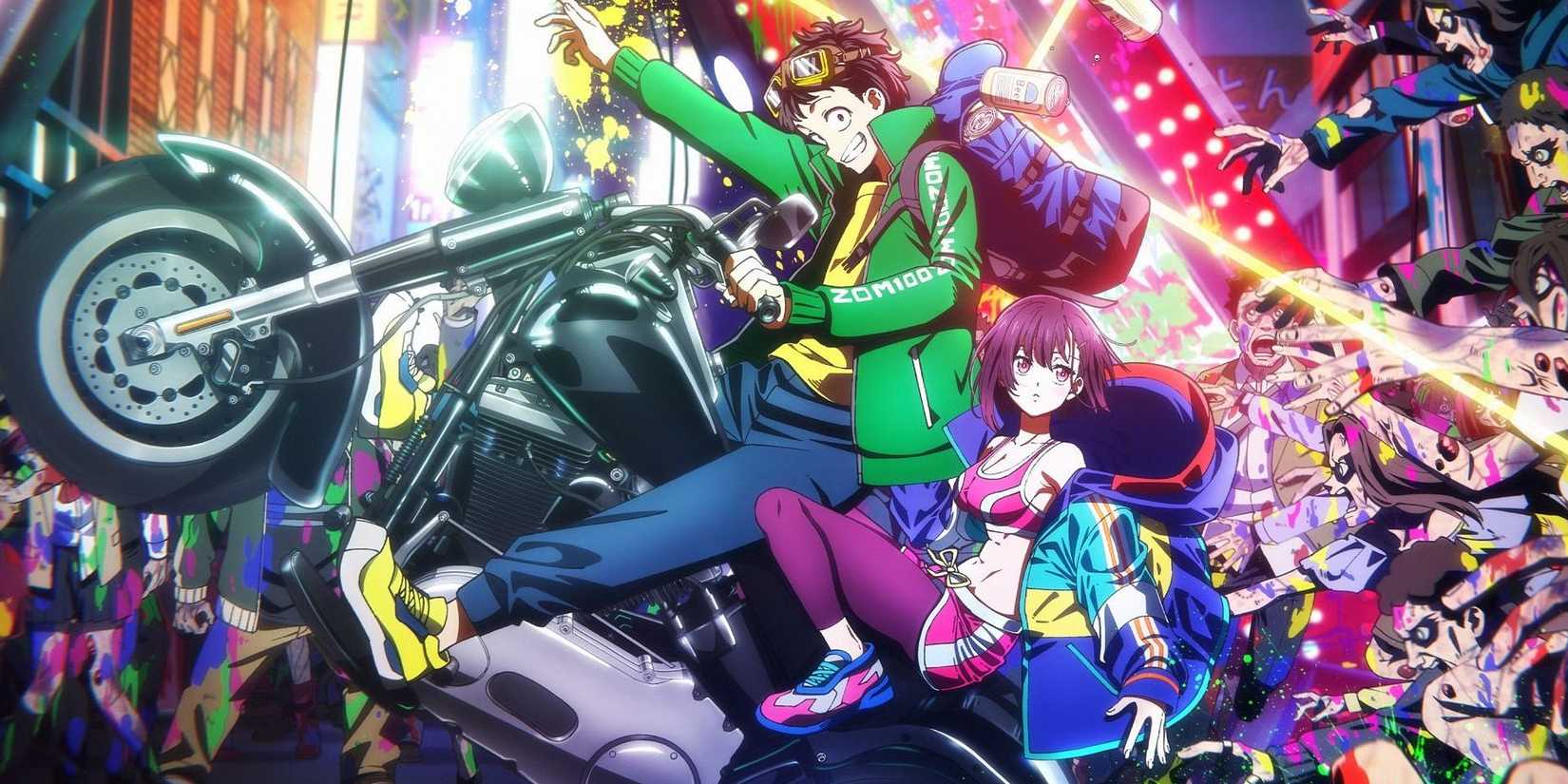 Zom 100: Bucket List of the Dead anime with Akira and Shizuka on motorcycle surrounded by zombies