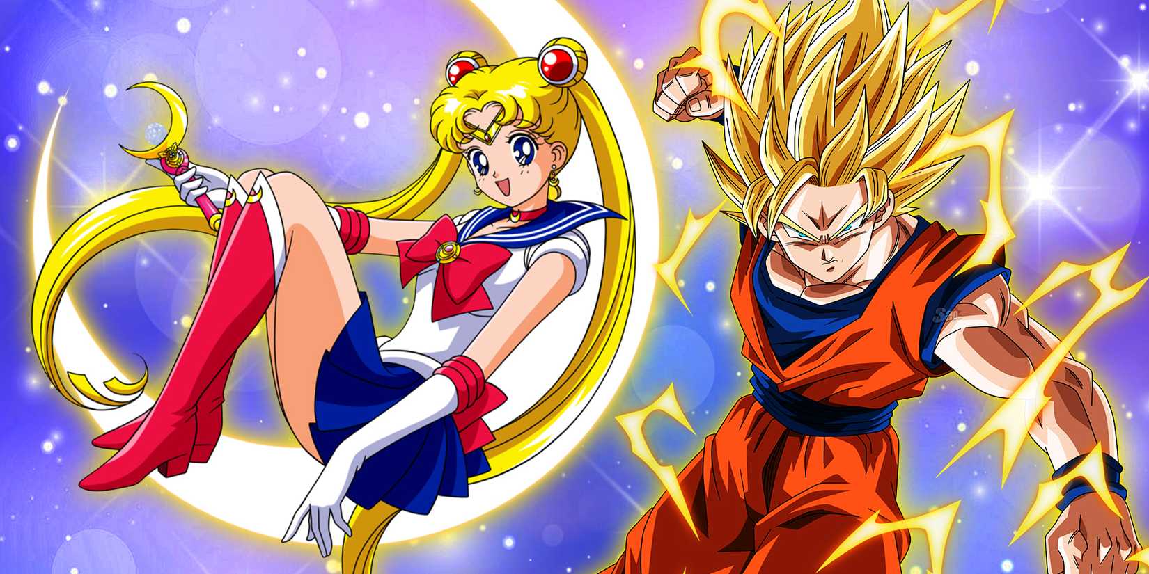 Sailor Moon from the first '90s anime and Super Saiyan Goku in Dragon Ball Z