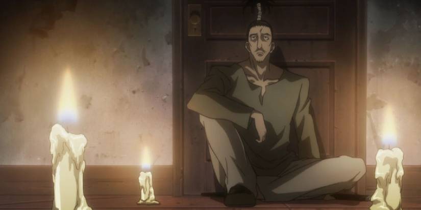 Nobunaga from Hunter X Hunter sitting around candles while guarding Killua and Gon