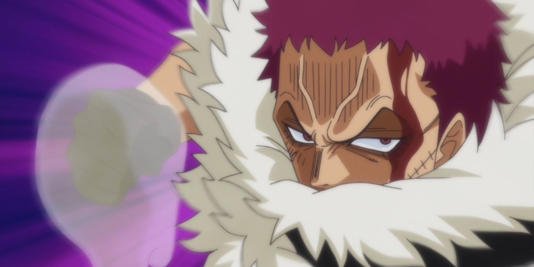Charlotte Katakuri powers up to throw a punch in One Piece.