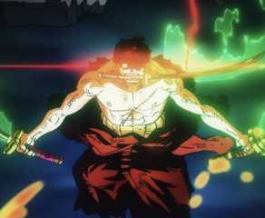 Roronoa Zoro using Conqueror's Haki in his fight against King in One Piece's Raid on Onigashima