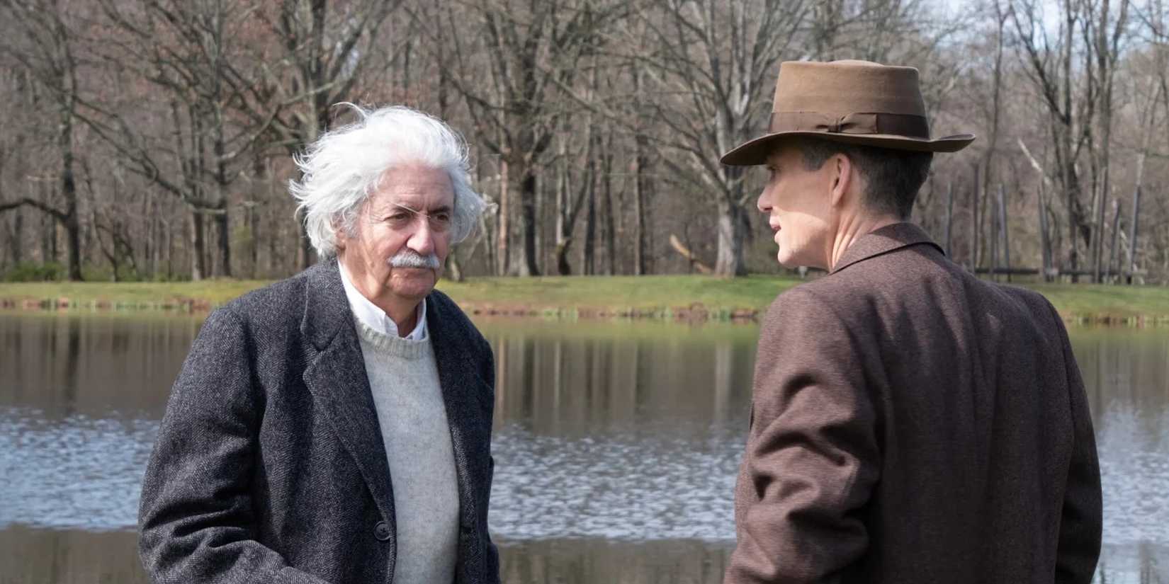 Einstein and Oppenheimer talk by the lake