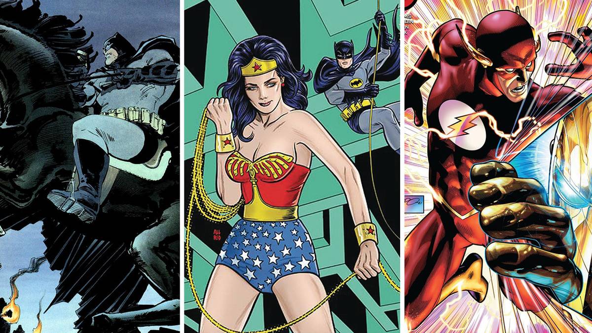 split image: Batman rides a horse in DKR, Batman 66 meets Wonder Woman 77, and Wal...