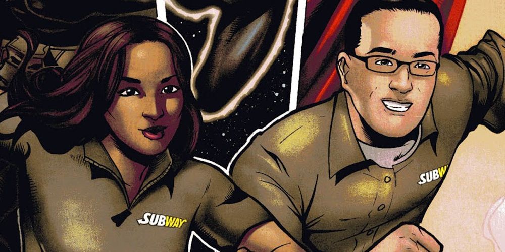 Laila Ali and Jared Fogle run forward in Subway Presents: Justice League