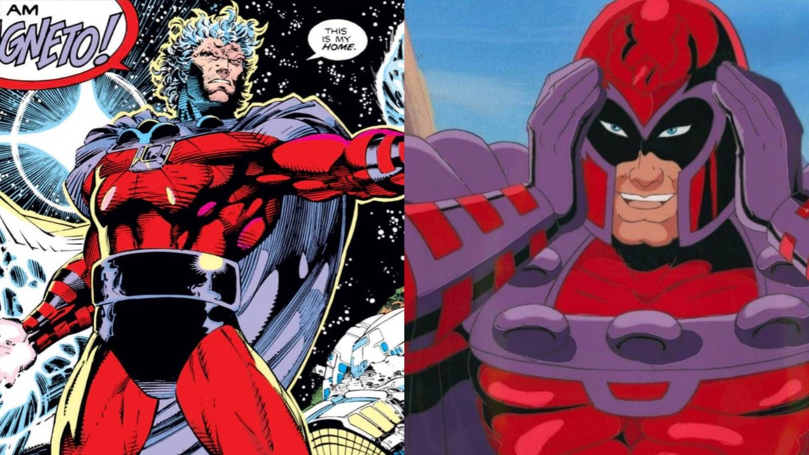 A split image of Magneto in Marvel Comics and Magneto in X-Men Animated Series