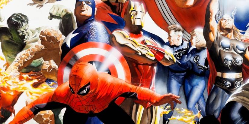 Alex Ross' comic book art for a collage of Marvel Comics heroes together.