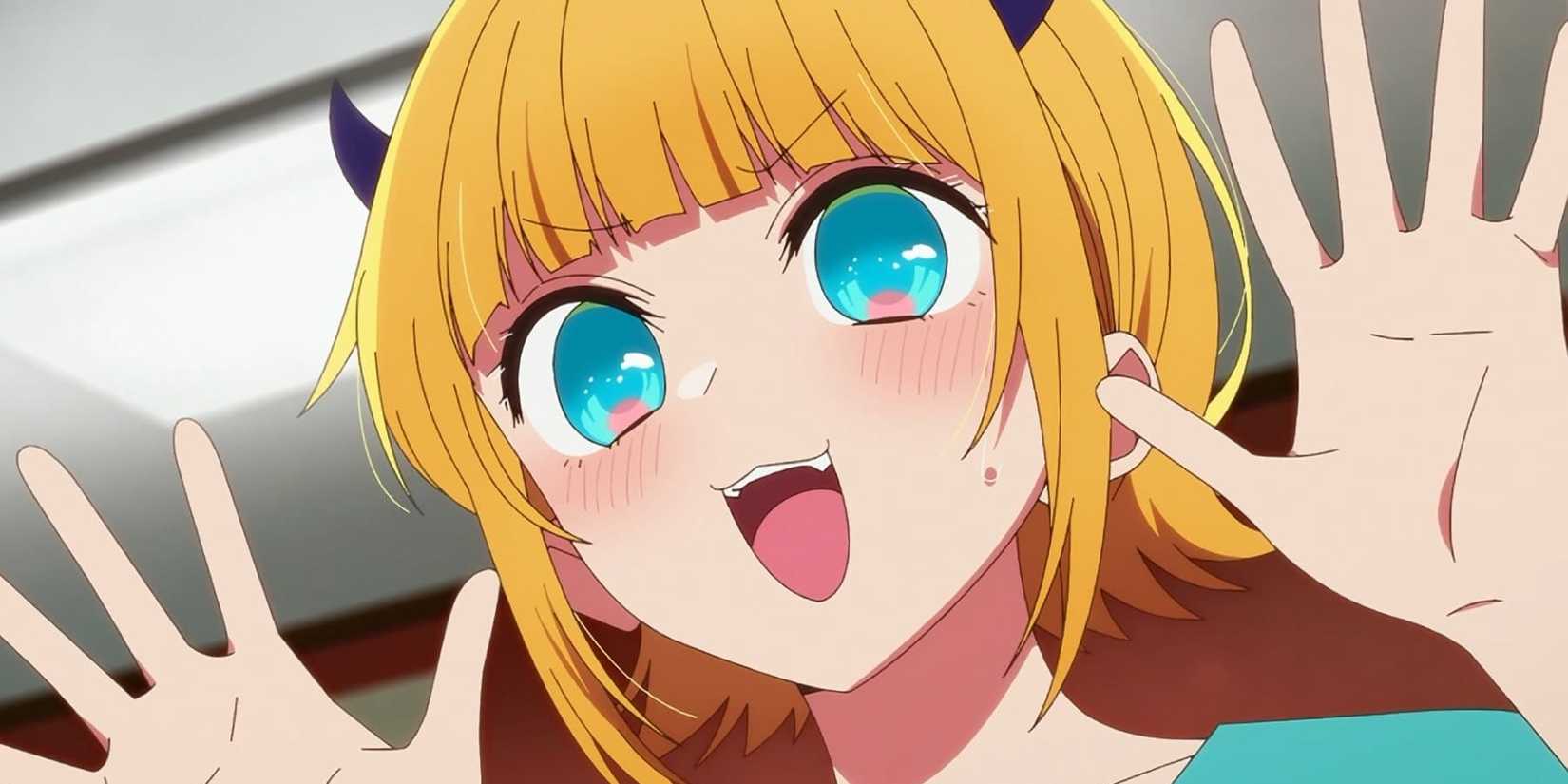 Mem-cho makes a silly face while raising her hands in Oshi no Ko