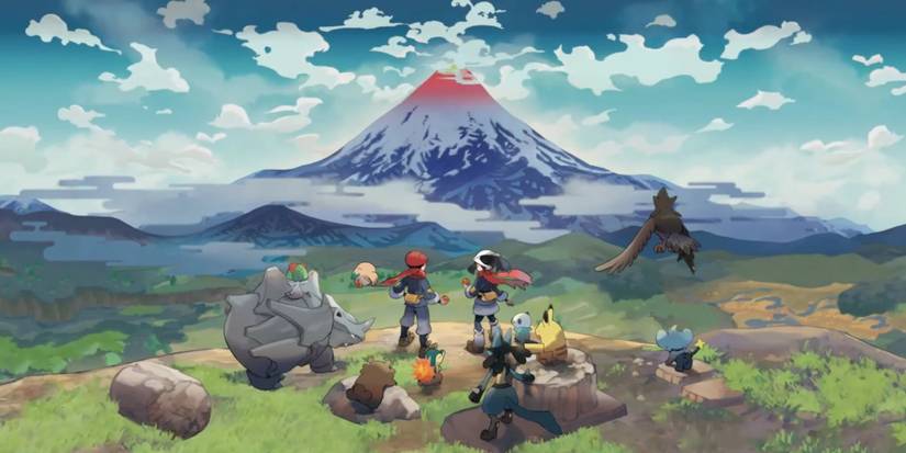 Pokémon Legends: Arceus key art features the two protagonists with their Pokémon overlooking Mt. Coronet.