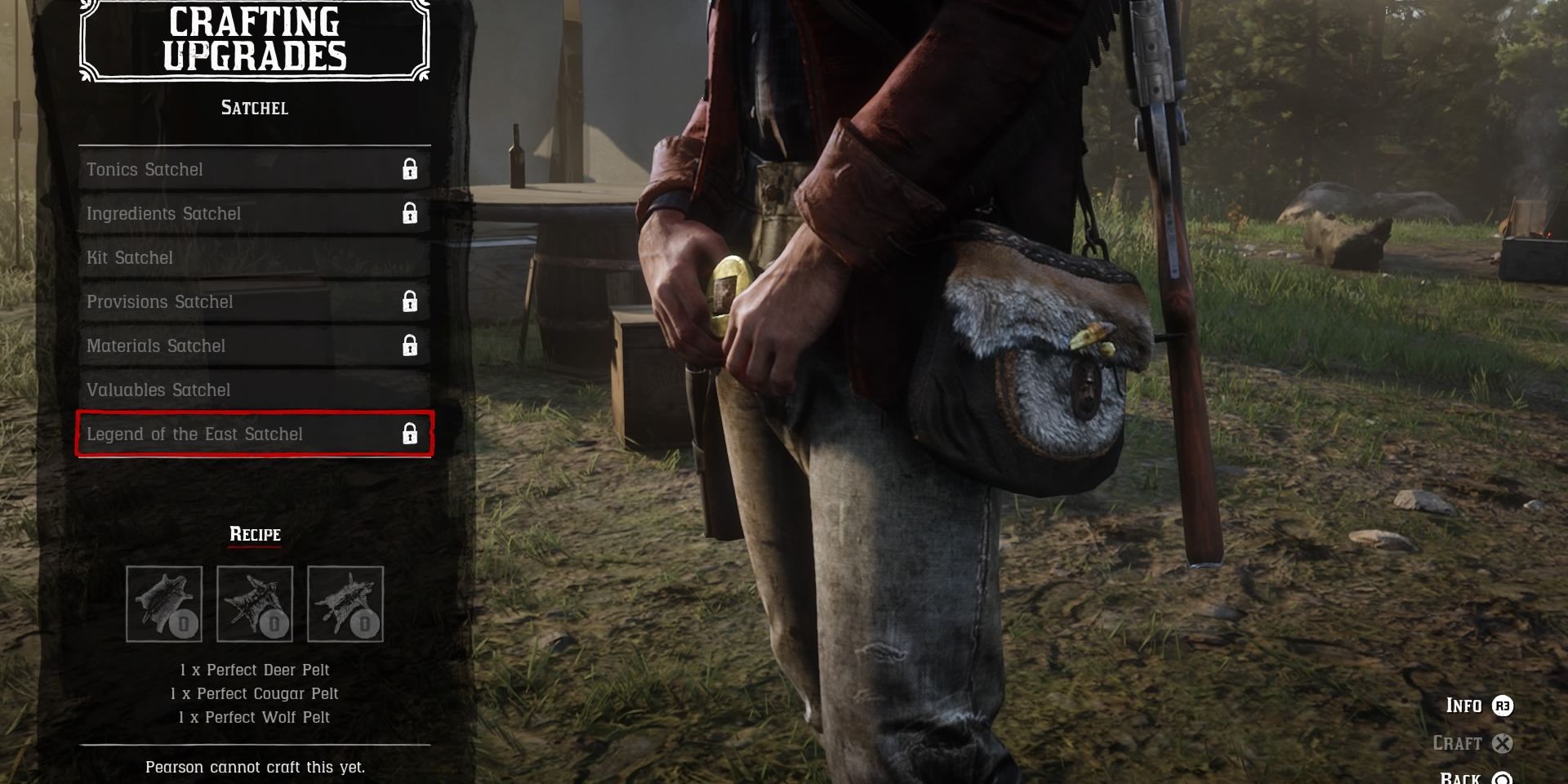 Menu Satchel Crafting destacando a mochila Legend of the East em Red Dead Redemption II