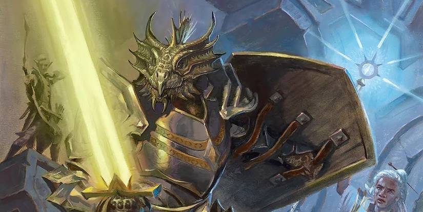 a dragonborn paladin in D&D with a glowing sword.