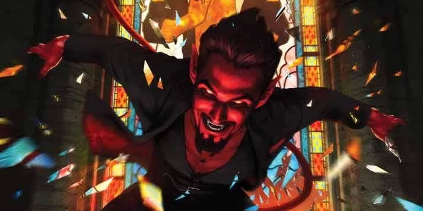 azazel bursts through a stained glass church window directly at the viewer