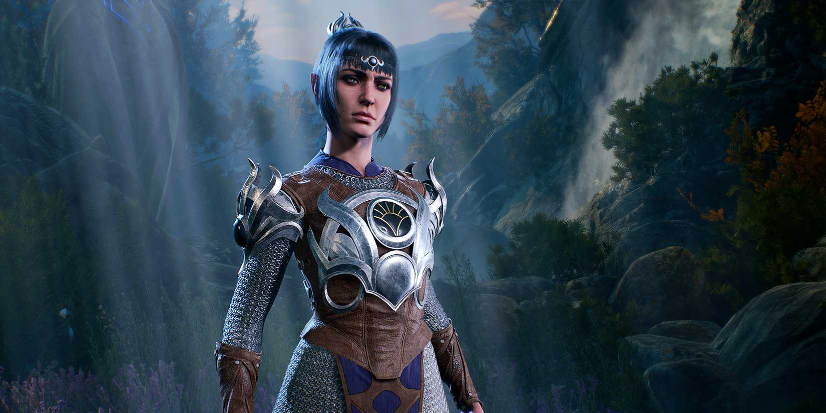 Baldur's Gate 3's Shadowheart stands in front of a forest backdrop.