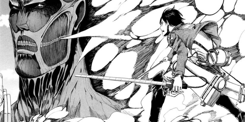 Eren attacking the Colossus Titan in the Attack on Titan manga series