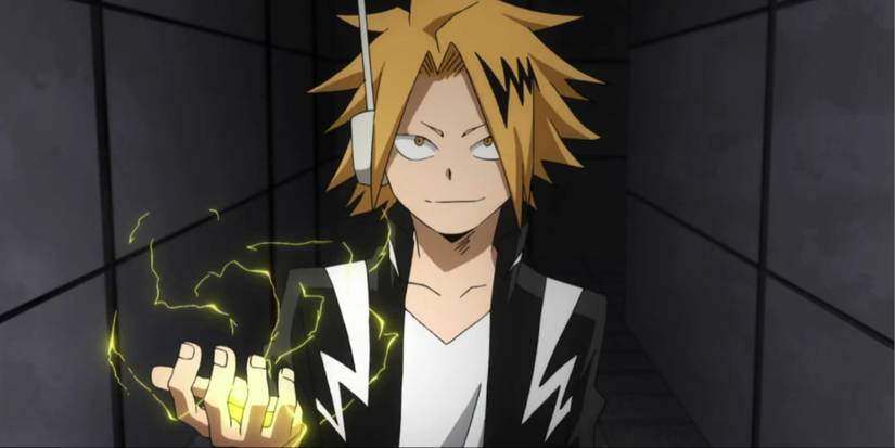 Denki Kaminari produces electricity in his right hand as he grins in My Hero Academia.