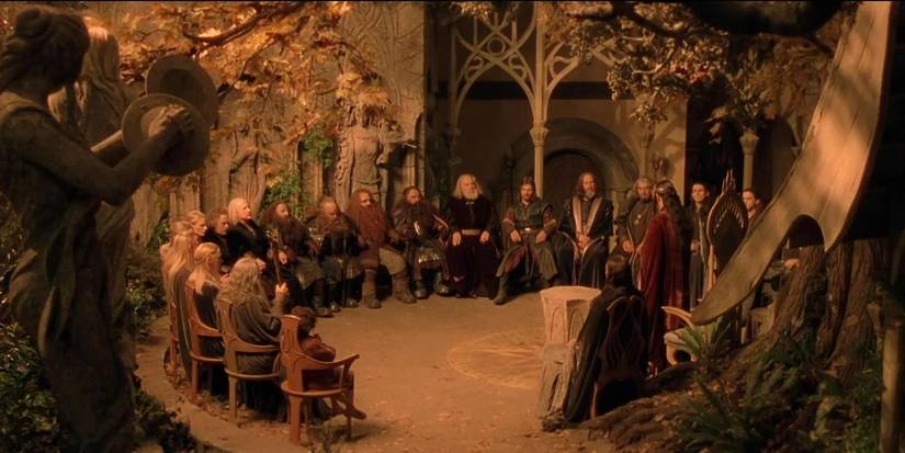 The Council of Elrond are gathered in a large circle in The Lord of the Rings: The Fellowship of the Ring.