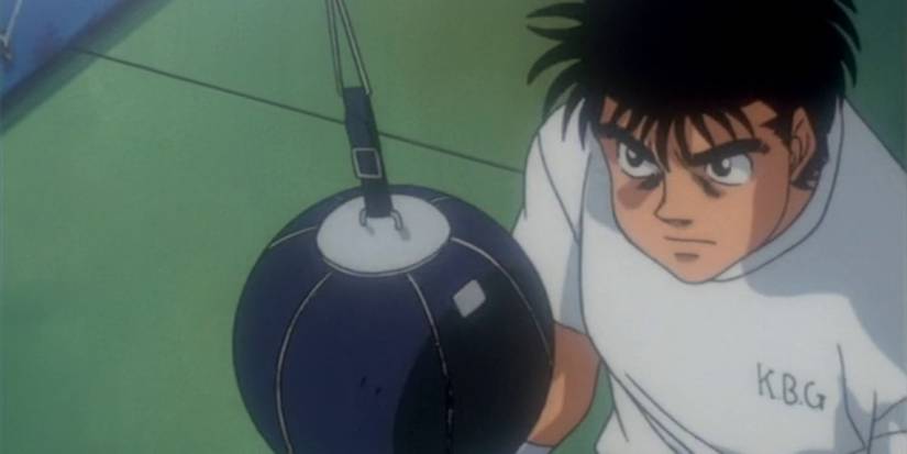Ippo trains with a punching bag in Hajime no Ippo