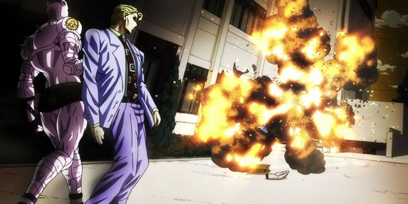 Yoshikage Kira uses his Stand's explosion ability in JoJo's Bizarre Adventure: Diamond is Unbreakable.
