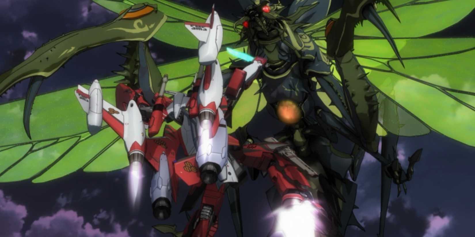 A mecha battle plays out in Macross Frontier