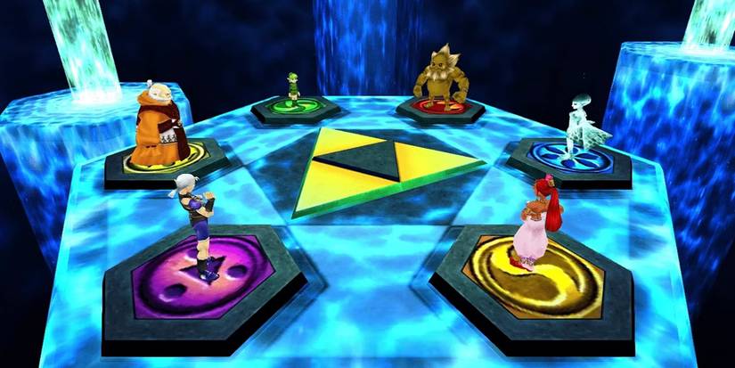 The Sages from The Legend of Zelda: Ocarina of Time in the Sacred Realm stand around the Triforce