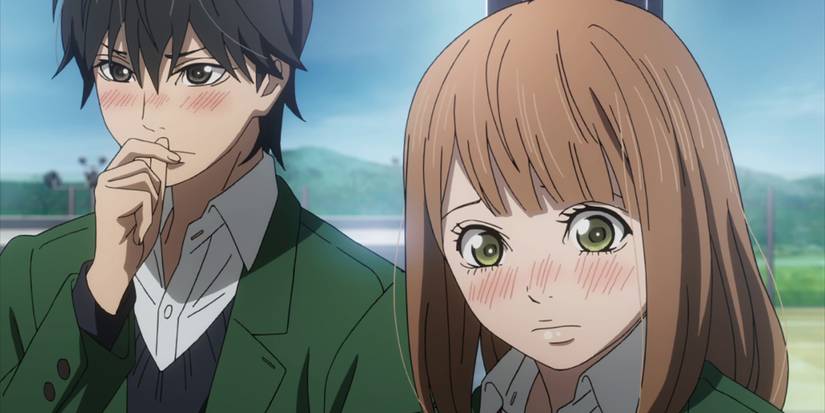 Naho and Kakeru look away from each other as they both blush in the anime Orange.
