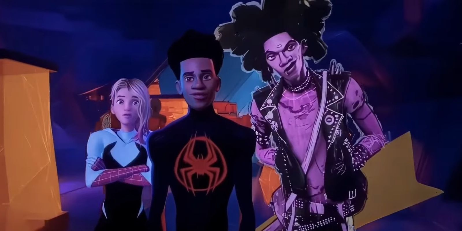 Gwen Stacy, Miles Morales and Hobie Brown walk together in Spider-Man: Across the Spider-Verse.