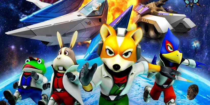 The Star Fox team, Slippy, Peppy, Fox and Falco, run through space away from an exploding ship in Star Fox 64 3D
