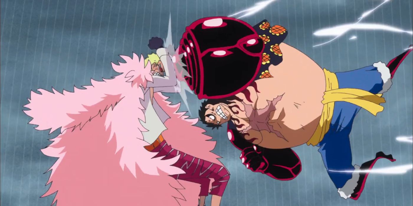 Monkey D. Luffy turns Gear 4 for the first time in a fight against Donquixote Doflamingo in One Piece.