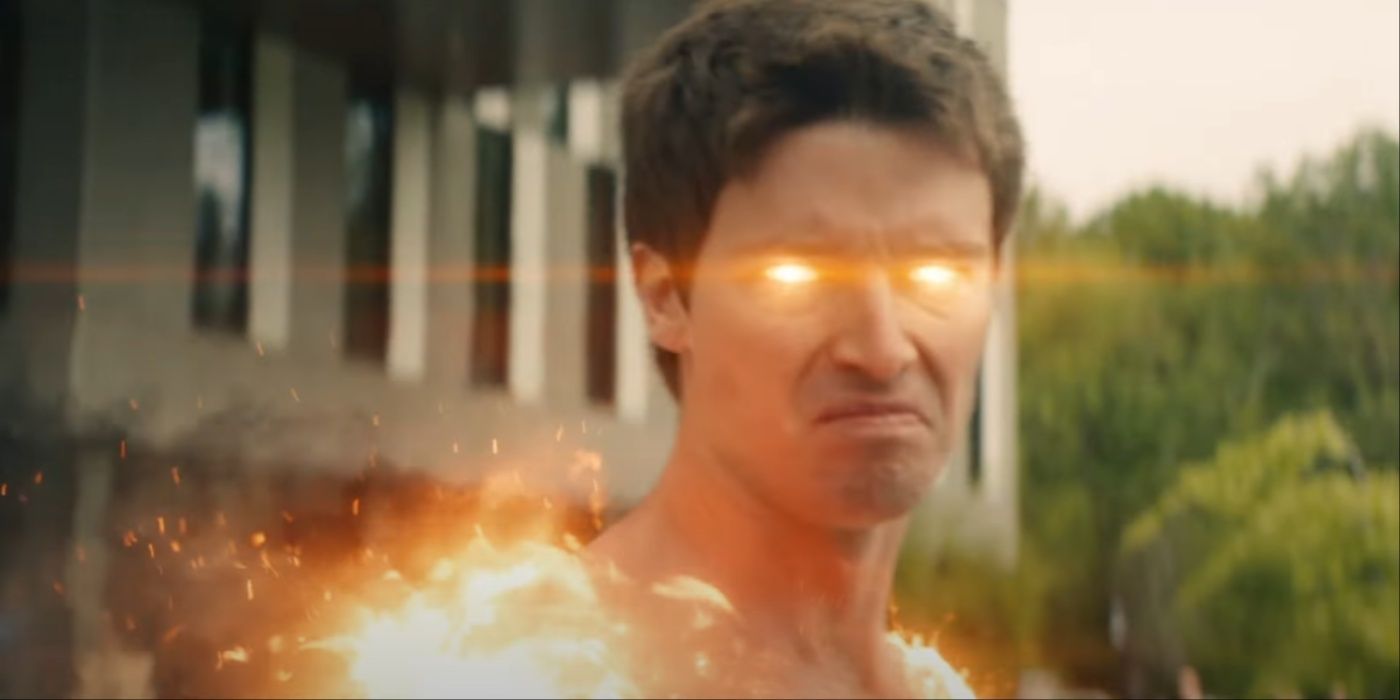  Golden Boy using his powers to make his body turn into flames and have bright In Gen-V yellow eyes during a scene in The Boys' spinoff Gen V