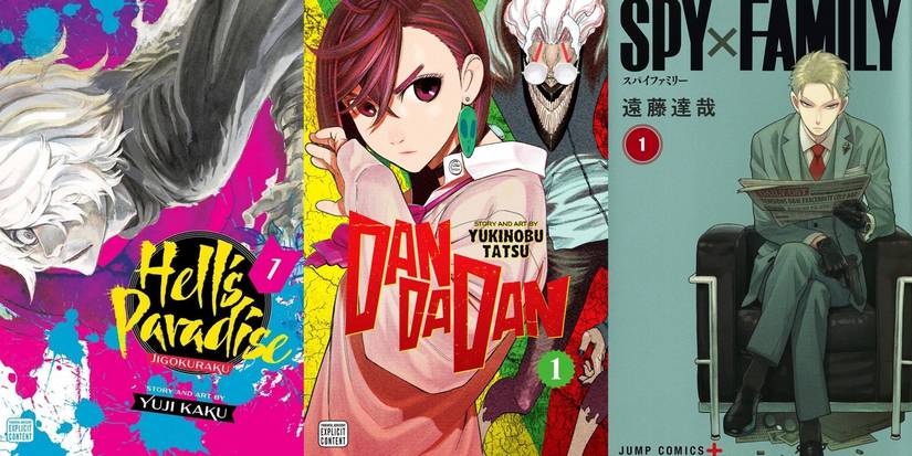 Hell’s Paradise, Spy x Family, and Dandadan manga cover art