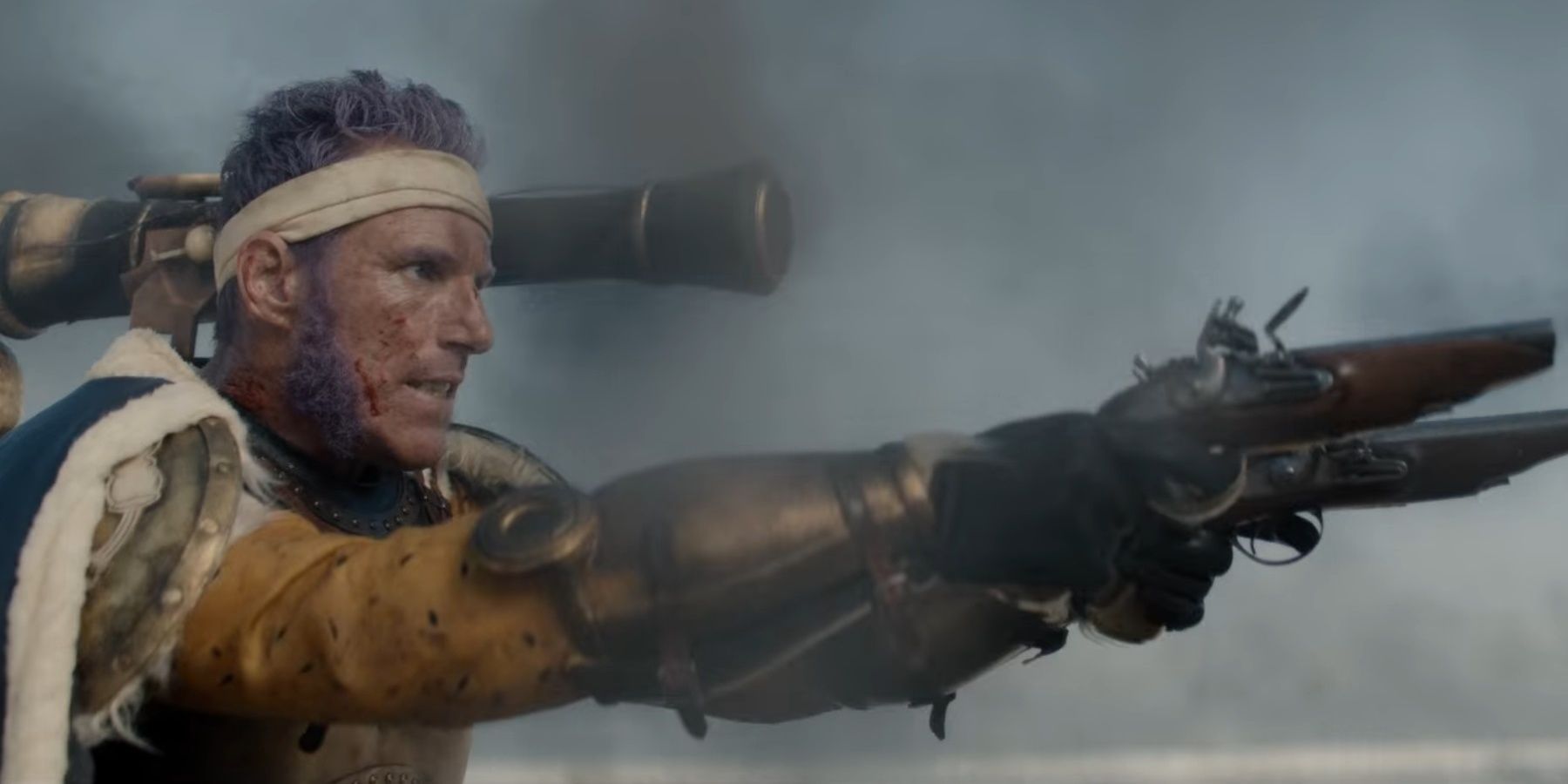 Don Krieg fires his pistols at Mihawk in the live-action One Piece adapation.