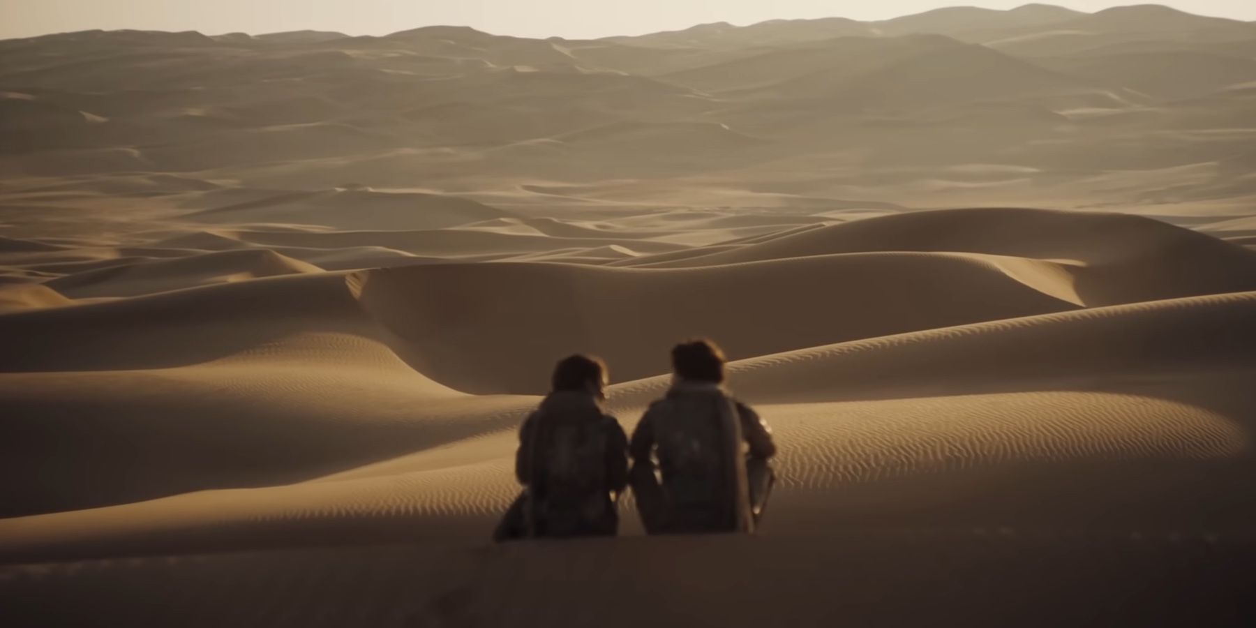 Os personagens ficam olhando para um vasto deserto em uma cena de Duna: Parte Dois.