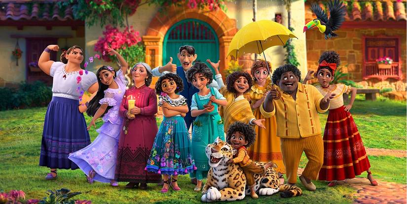 The Madrigal family stand together in front of their enchanted home Casita in Encanto