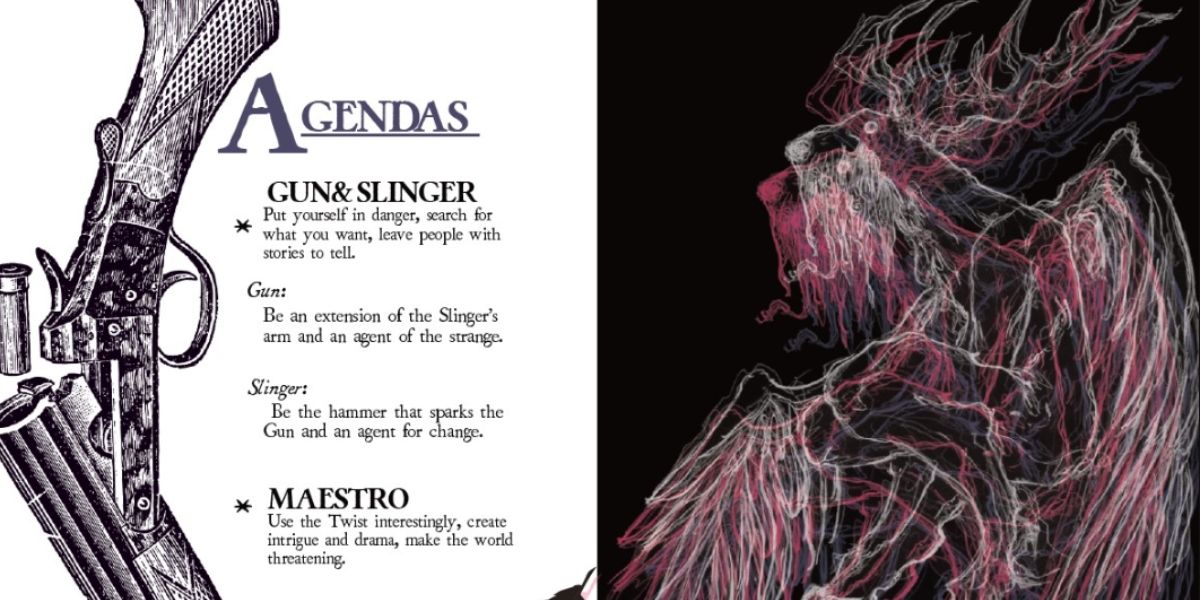 Uma página apresenta a premissa e a arte incomum de GUN&SLINGER, um TTRPG para dois jogadores