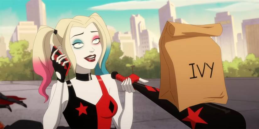 Harley Quinn talking on the phone while bringing Poison Ivy lunch in Harley Quin Season 4