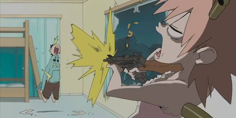 Haruko Haruhara fires a gun at Naota Nandaba in FLCL.