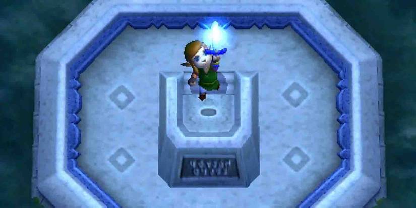 Link obtaining the Master Sword in the Lost Woods in The Legend of Zelda: A Link Between Worlds
