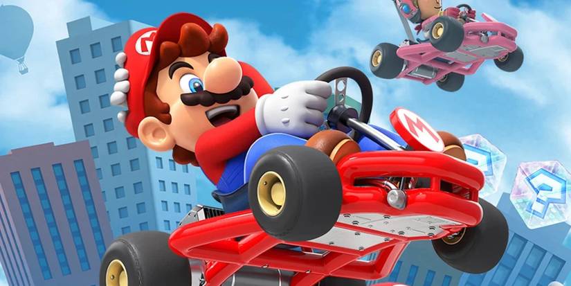 Mario flies through air on his kart with another kart in background in Mario Kart Tour