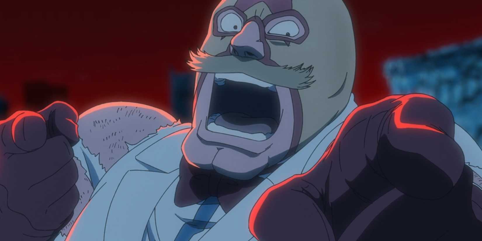 Mask de Masculine points and shouts at Renji during their duel in Bleach: Thousand-Year Blood War