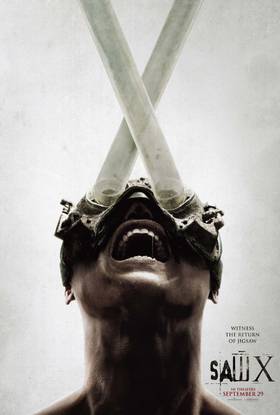 The poster for the film Saw X represents someone who screams with a trap on the eyes.