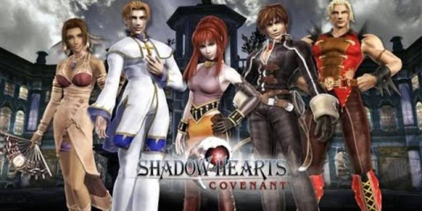 The lead characters in Shadow Hearts: Covenant all standing together in front of a set of buildings