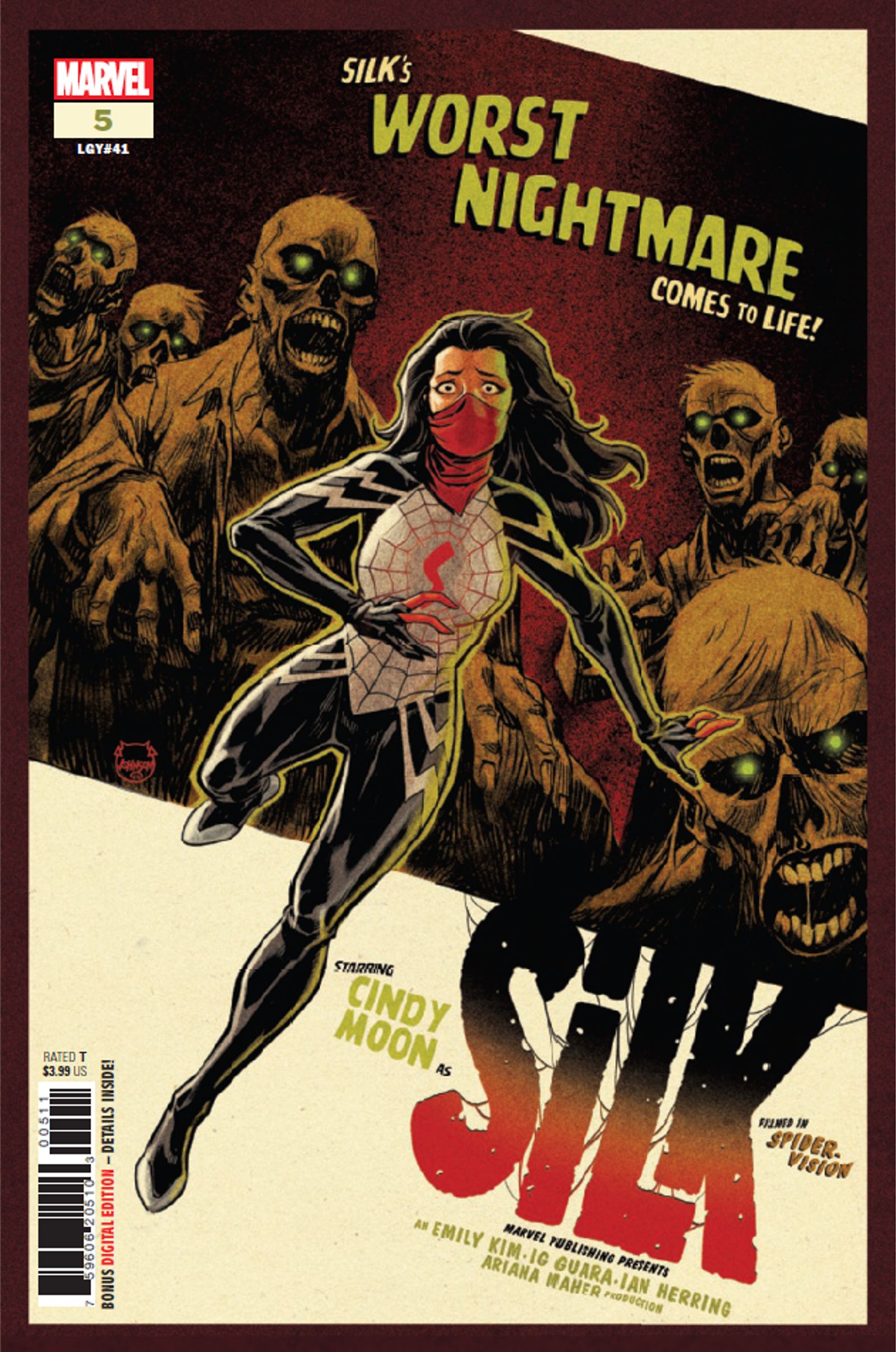 silk running from an army of zombies who appear to be emerging from a 60s horror film