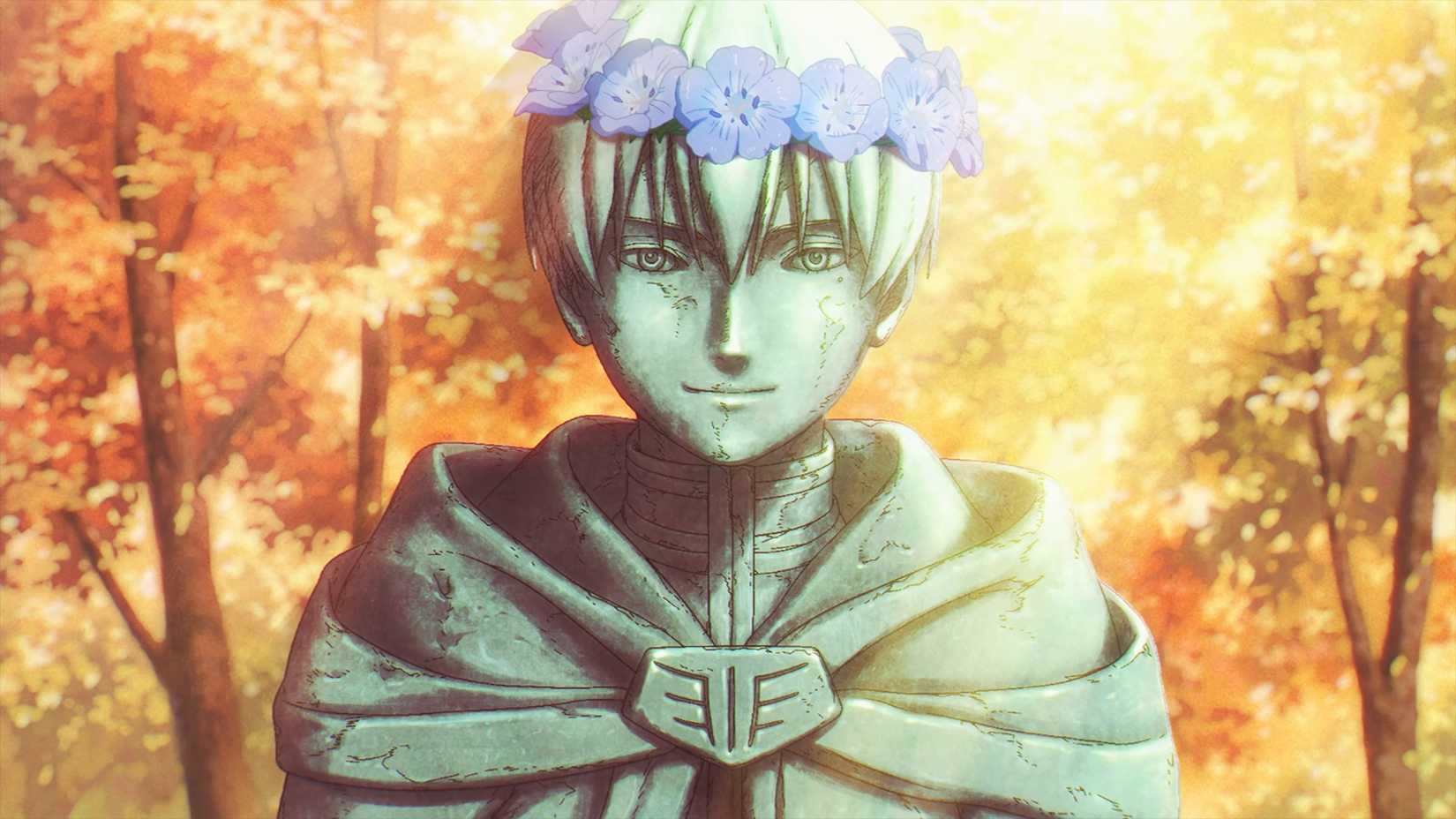 Frieren : Beyond Journey's End La statue de Himmel porte une couronne de fleurs bleues