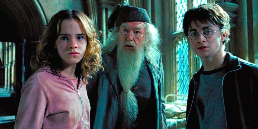 Dumbledore with Harry and Hermione in hospital wing