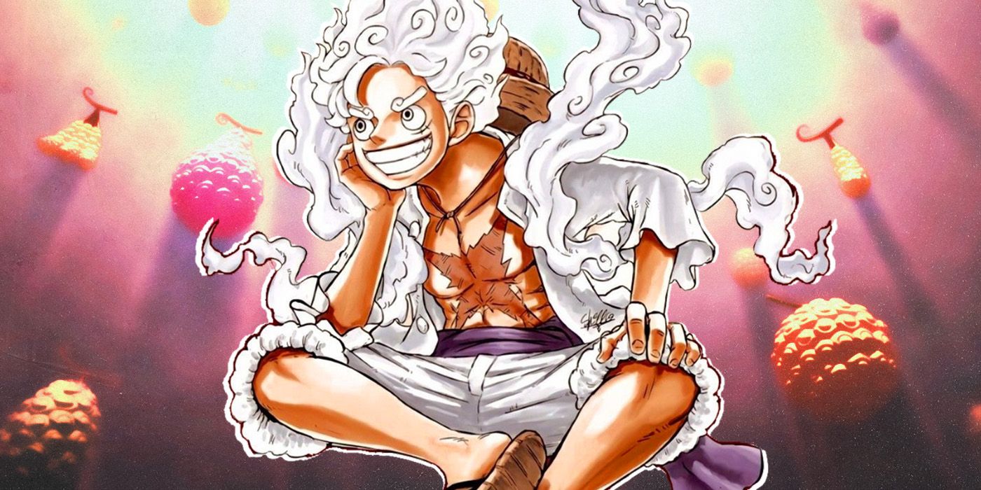An image of Gear 5 Monkey D. Luffy sitting cross-legged is superimposed in front of an image of various Devil Fruits.