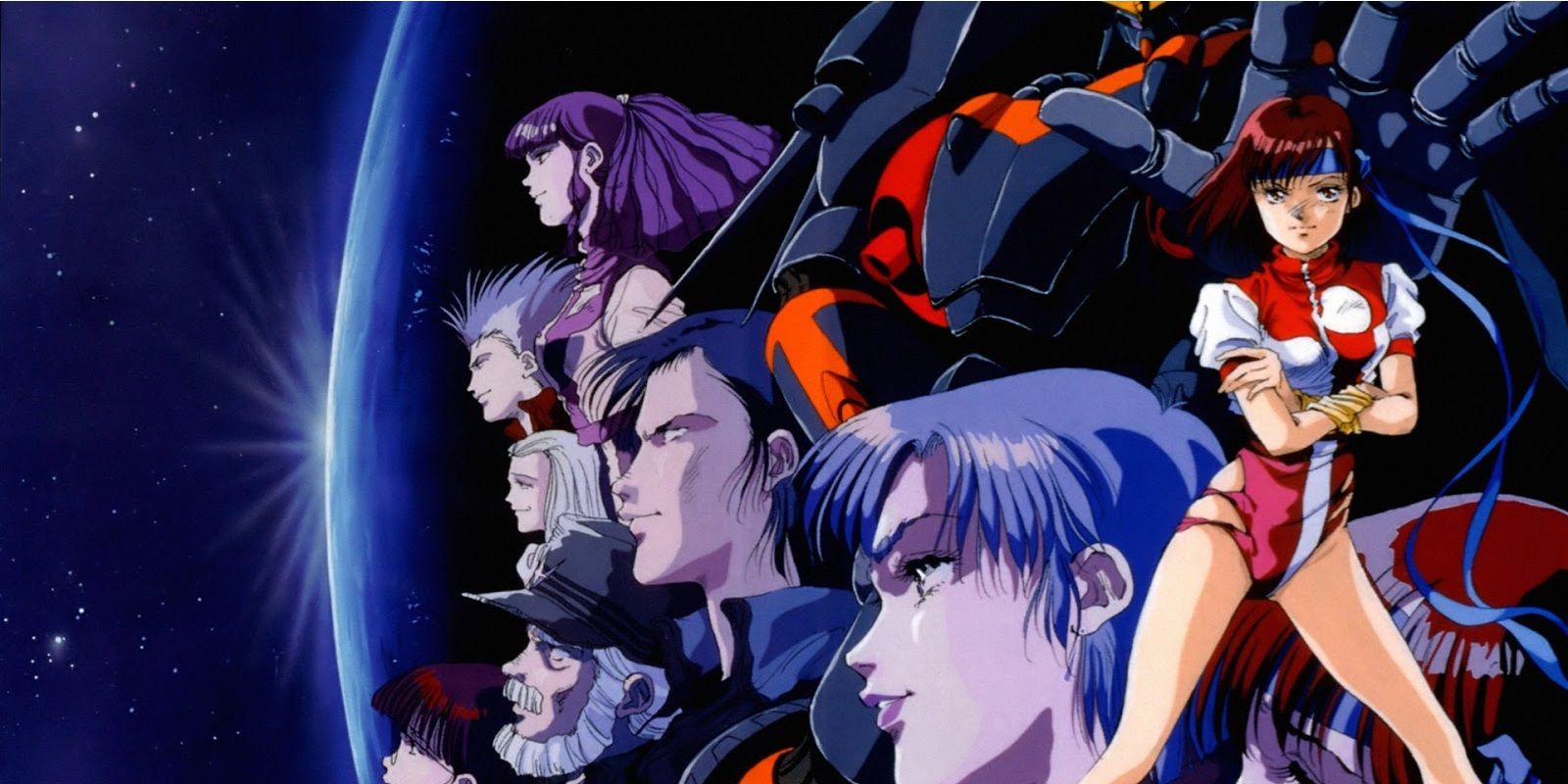 Noriko and her peers against a galactic background in Gunbuster.