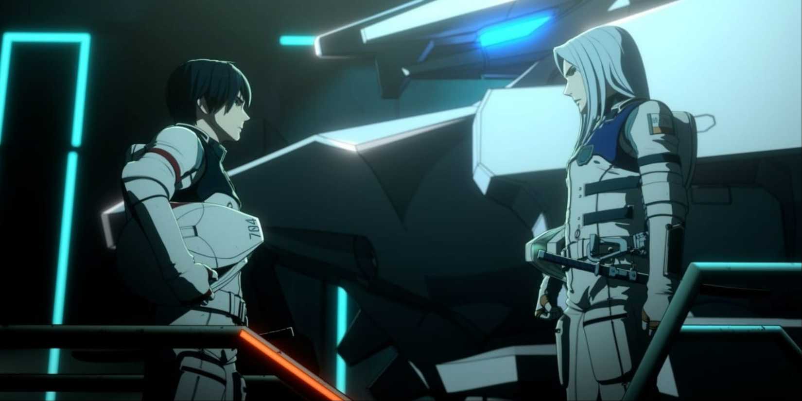 Characters near a mech in the Knights of Sidonia anime