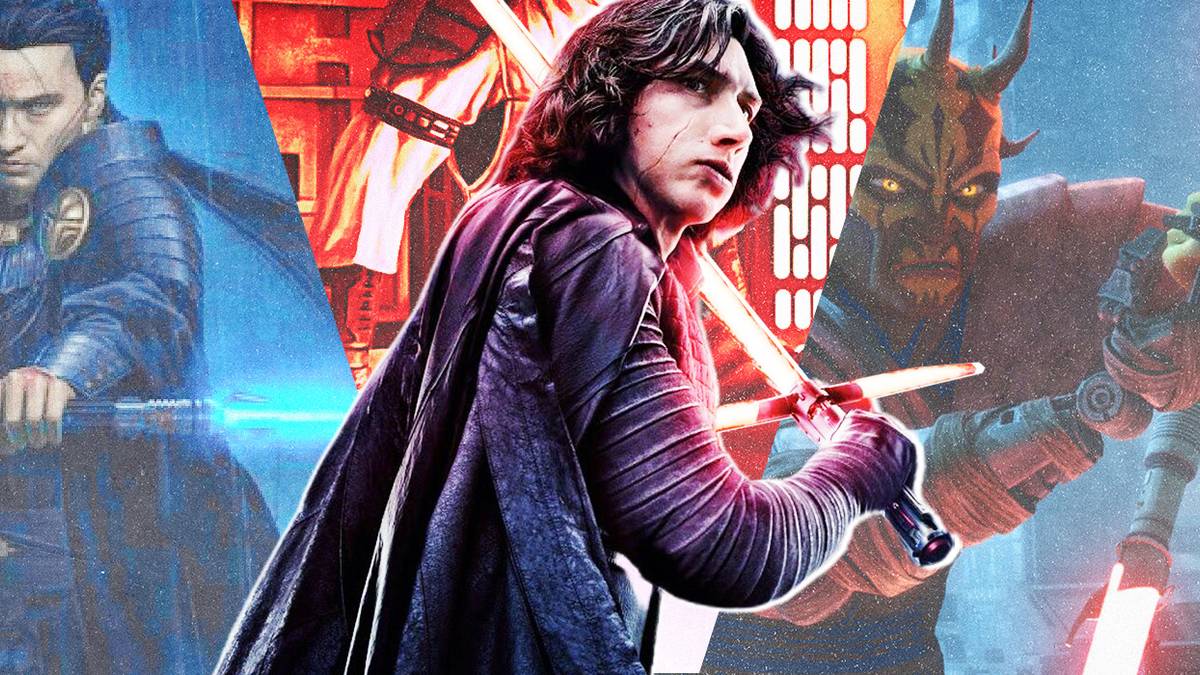 A split image of Exar Kun, Kylo Ren, Savage Opress, and Kyle Katarn from Star Wars